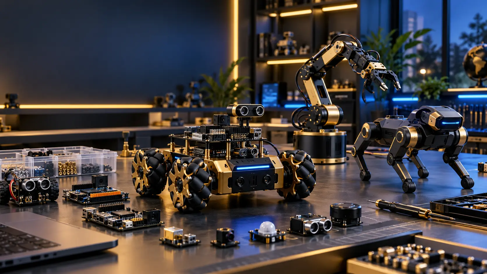 Laboratorio di robotica educativa con robot programmabili, braccio didattico e componenti STEM